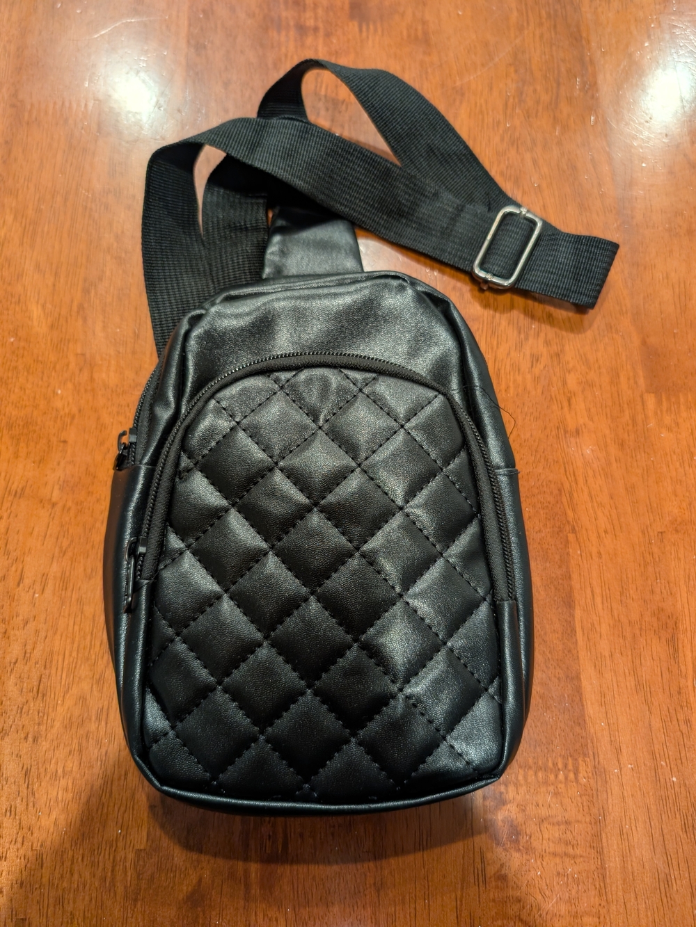 Black Quilted Crossbody Sling Bag Zip Closure Adjustable Strap Unisex Adults
